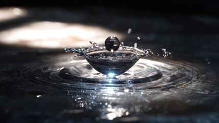 A striking moment captures fluid metal in a splash, forming a crown around a floating solid. Light highlights the motion against a dark background, bringing energy to the scene