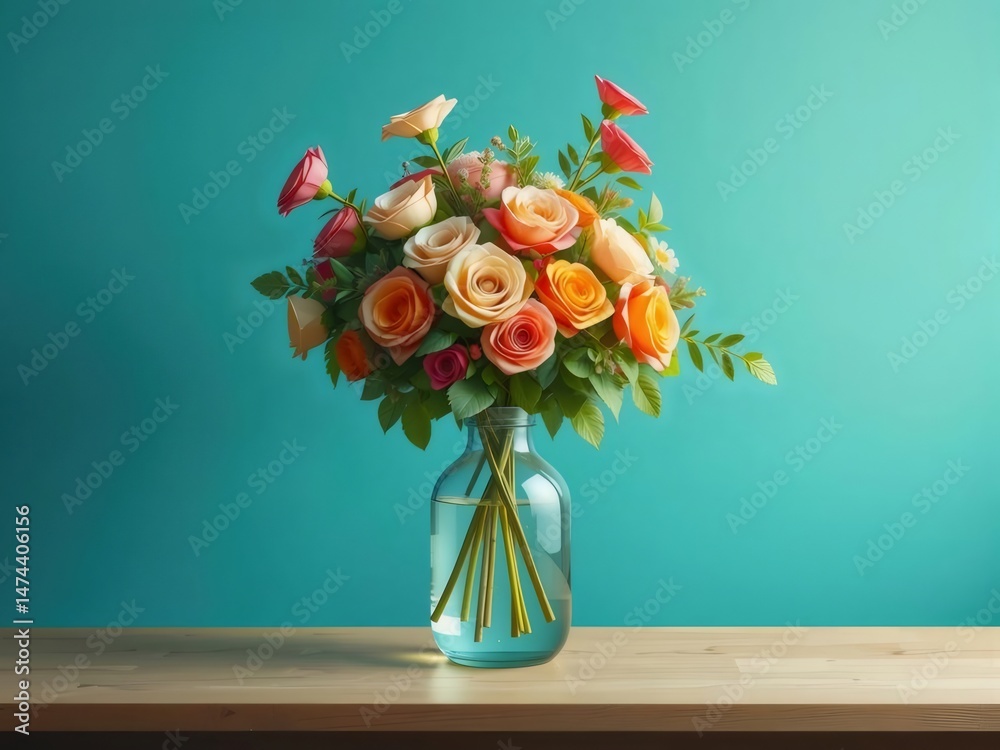Poster 花瓶に入ったオレンジとピンクのバラの花束 静物 ターコイズブルーの背景の木製のテーブルの上の花
