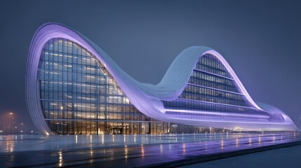 Obraz premium A striking, futuristic building features smooth curves and glowing edges, illuminating a modern urban landscape at night, showcasing innovative design and architecture