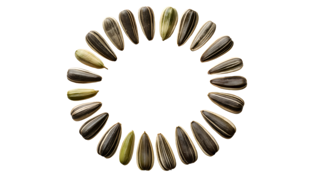 Sunflower Seeds Circle: A circle of sunflower seeds arranged against a white background, creating a visually appealing and symmetrical pattern. Perfect for food blogs, packaging. - Powered by Adobe