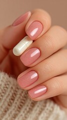 A hand holding a pill with a white cap