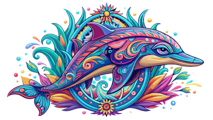 Obraz premium Ornate Colorful Dolphin Illustration with Floral Frame and Swirls