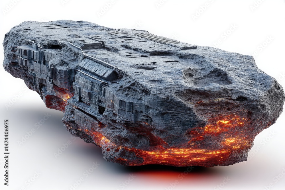 Poster Intricately carved asteroid with fiery core resembling a spacecraft found in a distant galaxy