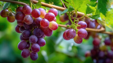 Clusters of ripe, juicy red grapes hanging from vines