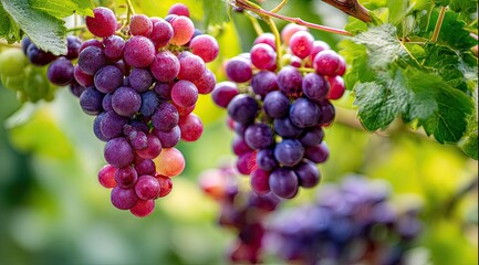 Fototapeta premium Clusters of plump, purplish-red grapes hanging from vines. Fresh, ripe fruit in a garden setting, with vibrant foliage