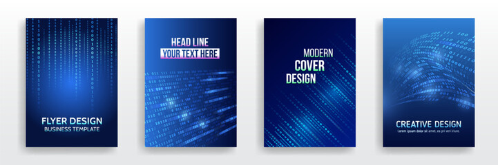 Set of flyer and brochure cover templates with abstract digital binary code background. Blue futuristic designs with glowing ones and zeros. Suitable for cybersecurity, programming topics.