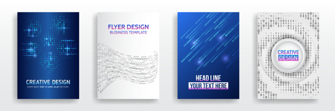 Blue futuristic designs with glowing ones and zeros. Suitable for cybersecurity, programming topics. Set of flyer and brochure cover templates with abstract digital binary code background.