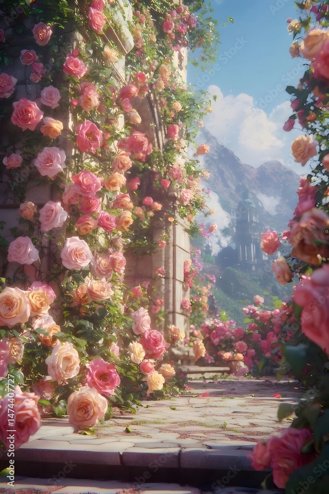 Poster バラの咲き乱れる石造りの壁と山々の背景を持つ庭園 美しいピンクの花々が咲き誇り春の穏やかな雰囲気を醸し出すロマンチックな風景
