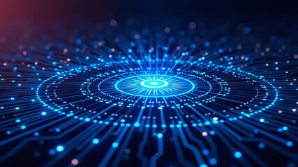 Abstract digital technology background featuring glowing blue lines and dots radiating from a central point, symbolizing data flow and connectivity in a futuristic setting - Powered by Adobe