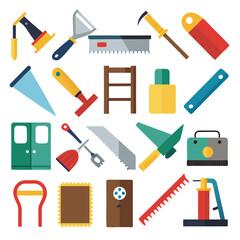Collection of home improvement tools arranged on a white background