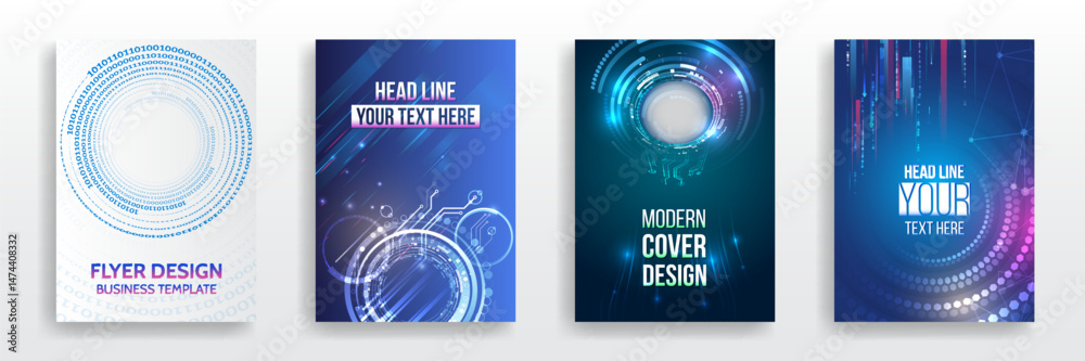 Poster Cover design with digital circuits, binary code, glowing elements and futuristic patterns. Suitable for technology events, innovation presentations, cybersecurity brochures and digital communication.