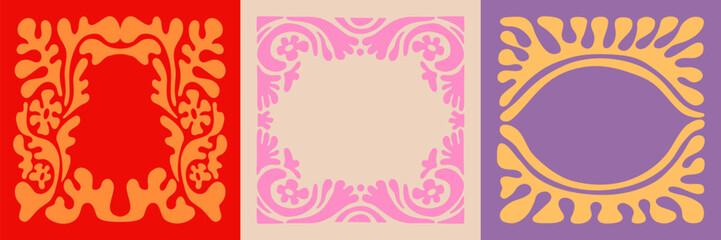 Vector illustration in simple naive and hippie groovy style, flowers and plants, floral botanic hand drawn design templates, frames and modern art prints, posters and placards with copy space
