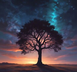 Illustration of lonely tree with starry sky.