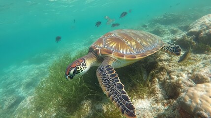 Fototapeta premium A young sea turtle explores a coral reef, nibbling on seagrass while small reef fish swim playfully around its shell.