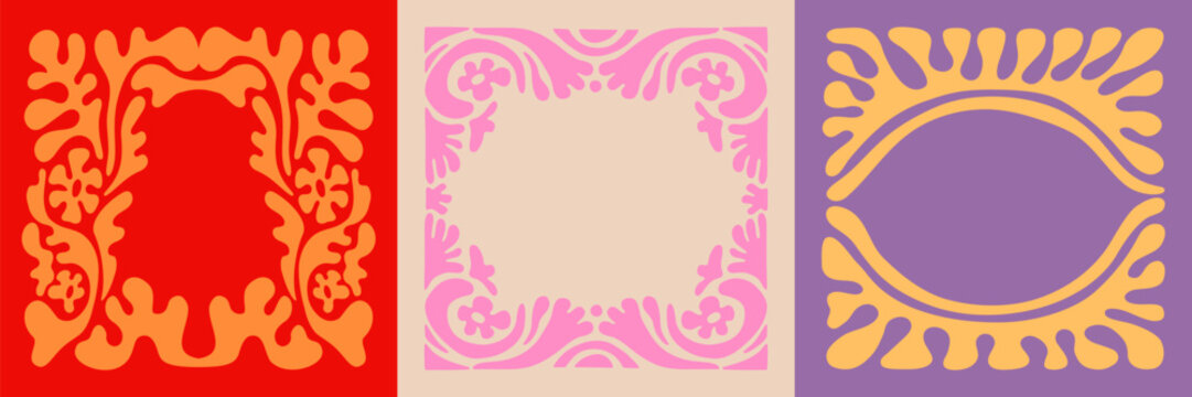 Vector illustration in simple naive and hippie groovy style, flowers and plants, floral botanic hand drawn design templates, frames and modern art prints, posters and placards with copy space