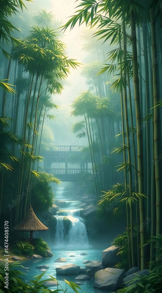 Poster 緑豊かな竹林の滝と流れ日本の庭園風景の中にある静かな水辺の自然の美しさ
