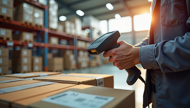 Warehouse worker scanning barcode on packages in storage facility  