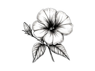 Petunia flower head engraving, hand-drawn botanical sketch, vintage floral art, retro trendy illustration, garden plant print, black line drawing, antique botanical decor, spring summer flower