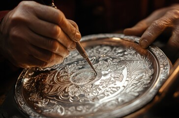 Detailed shot of silversmith using fine tools to engrave