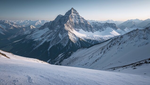 White winter alpine landscape of snowy mountains and a ski resort in the Austrian Alps under a blue sky