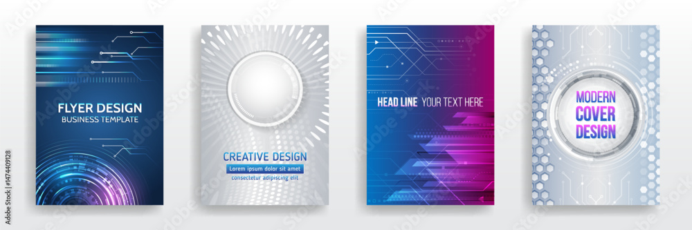 Aufkleber Set of high-tech abstract flyer templates featuring circuit boards, hexagonal elements, radial lines and glowing highlights. Ideal for technology events, digital presentations and futuristic concepts.