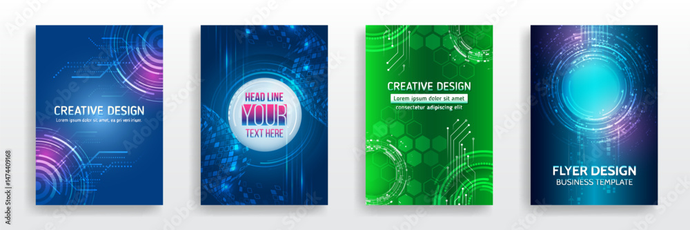 Aufkleber A set of futuristic digital flyer templates featuring abstract circuit elements, glowing circle patterns and hexagonal backgrounds. Ideal for technical presentations, covers and business reports.