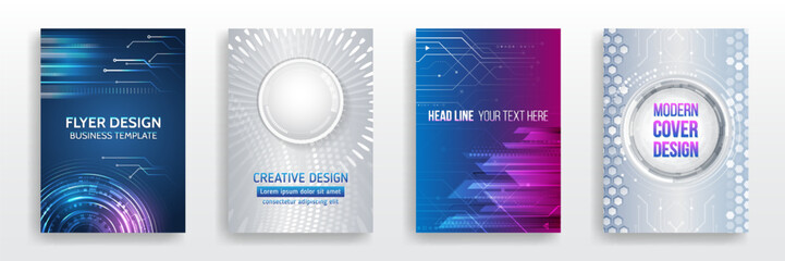 Set of high-tech abstract flyer templates featuring circuit boards, hexagonal elements, radial lines and glowing highlights. Ideal for technology events, digital presentations and futuristic concepts.