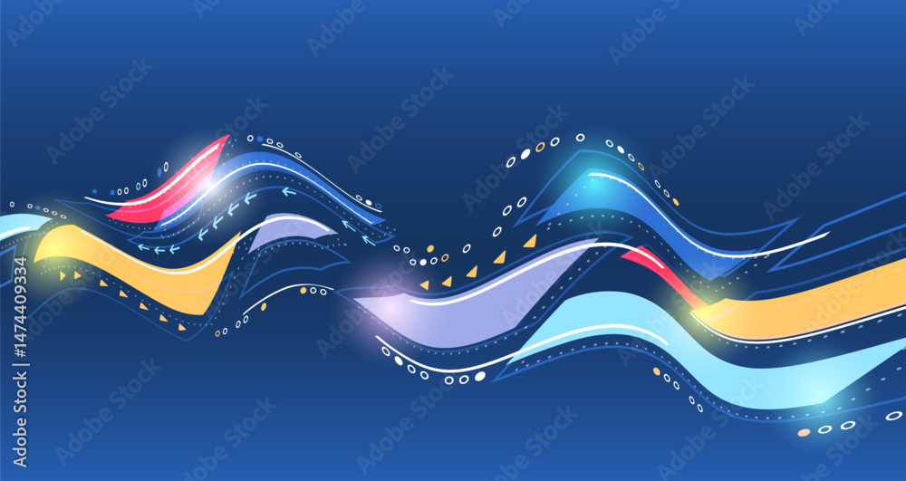 Aufkleber Abstraction of data transfer, network connection and advanced digital technologies. Technological background with dynamic smooth lines, colorful geometric shapes and arrows in different directions.