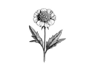 Engraving of single scabiosa flower, antique botanical art sketch, vintage floral illustration, trendy engraved print, hand-drawn linework decor, black sketch, summer, spring flower