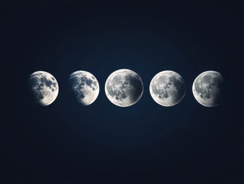 Moon phases sequence showing lunar cycle from earth in dark sky astronomy photography celestial event - Powered by Adobe