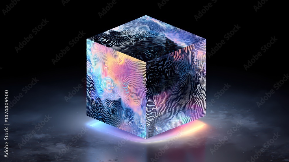 Poster a cube displays an animated surface with vibrant colors and intricate patterns. the surrounding area