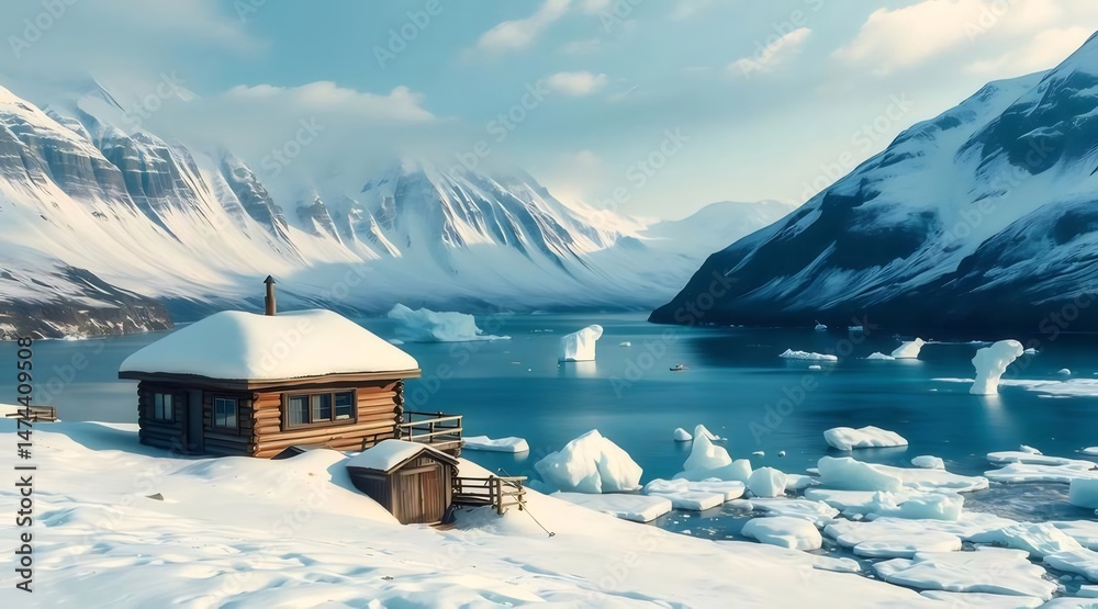 Aufkleber 雪に覆われた山々と氷河湖のほとりにある木造小屋の冬の風景 シーン 水辺の景色 自然の美しさ 青空と白い雪のコントラスト