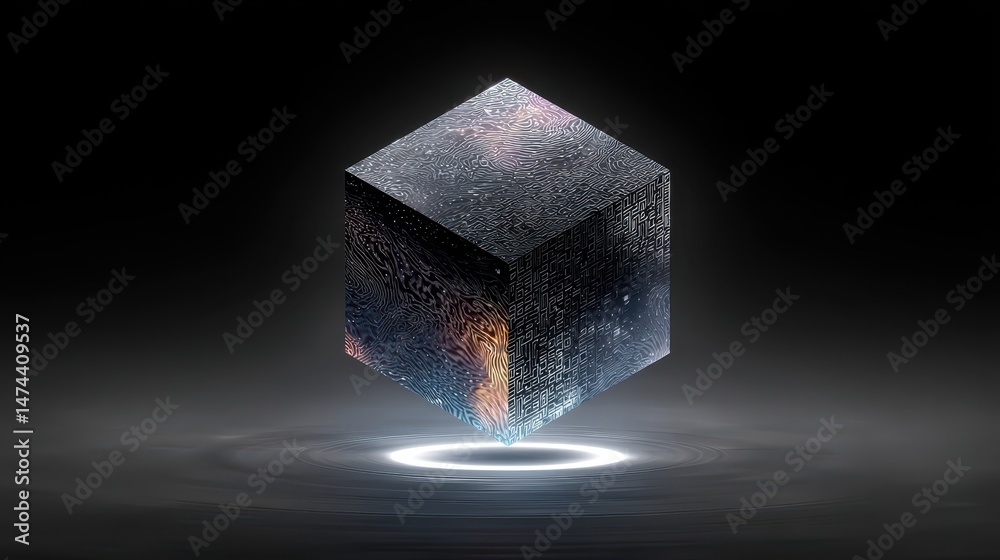 Aufkleber a cube with a dynamically animated surface hovers in darkness, displaying intricate patterns and tex
