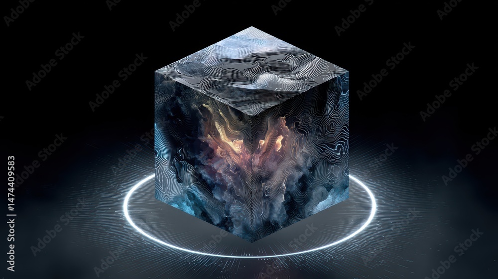 Poster a cube appears with an animated surface, exhibiting mesmerizing patterns and colors in a dark enviro