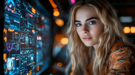 A young woman with blonde hair gazes intently at a computer screen filled with complex data visualizations. The warm lighting contrasts with the cool blue hues of the screen