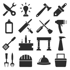 Obraz premium Collection of various tools and objects in black silhouette