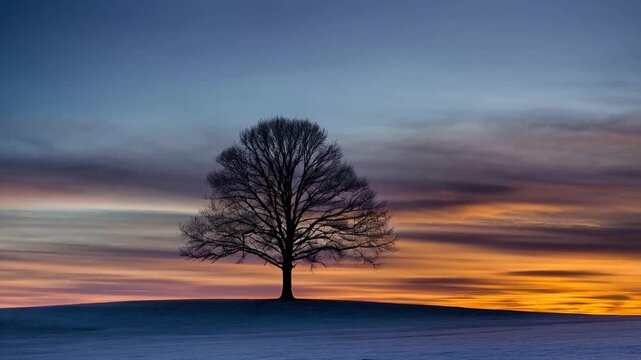 A majestic tree silhouette stands resolute against a vibrant sunset sky, evoking a sense of solitude and natural beauty. Capturing the serene landscape and emphasizing the silhouette of the tree.