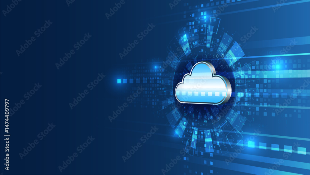 Poster Cloud computing technology background with digital elements. Abstract futuristic design representing cloud storage, data exchange, and network systems.
