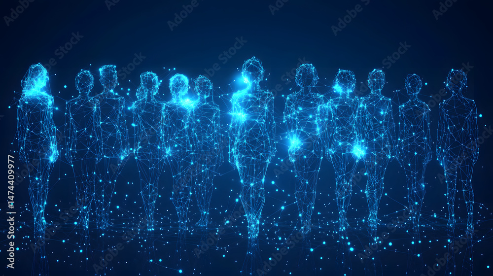 Poster Futuristic network of interconnected wireframe figures glows against a dark blue backdrop. Conceptual digital representation of individuals. Abstract wireframe in dark blue.