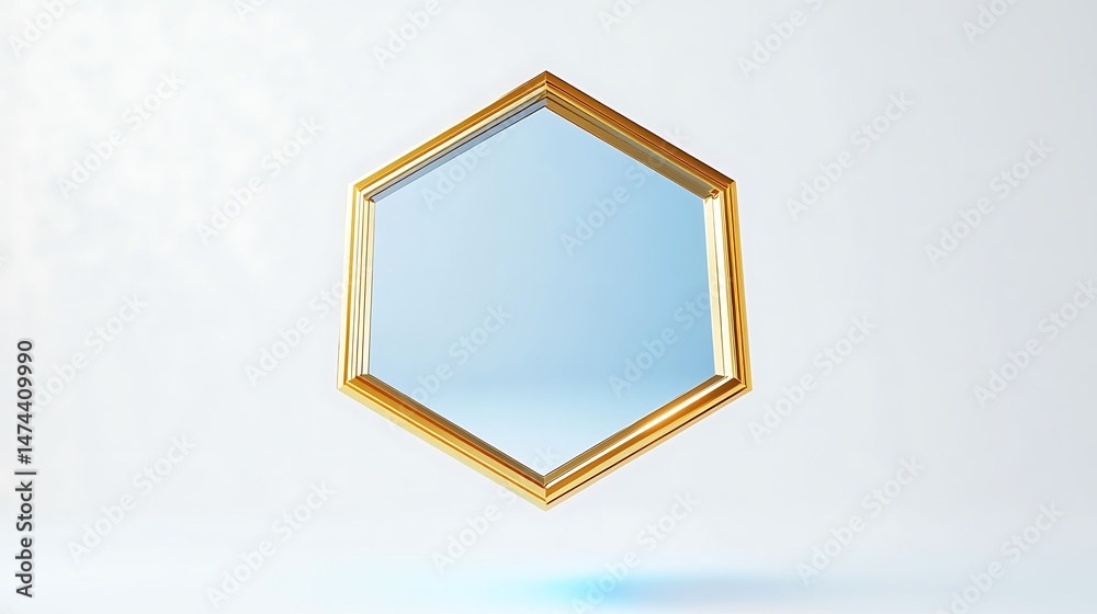 Fototapete a golden hexagonal mirror reflecting soft blue light hovering above a pure white background
