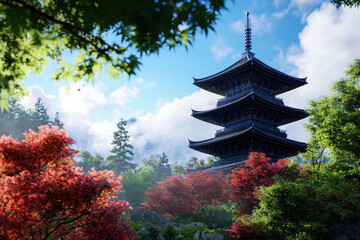 Fototapeta premium Stunning photorealistic image of traditional Japanese pagoda surrounded by vibrant autumn foliage and lush greenery