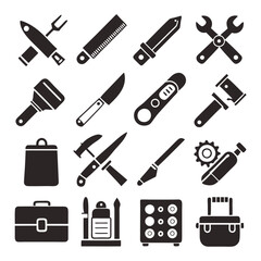 Black and white vector icons of various tools