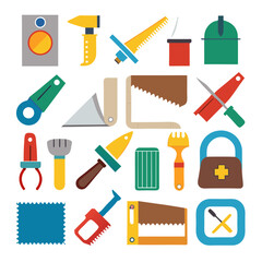 Colorful collection of various DIY hand tools on white