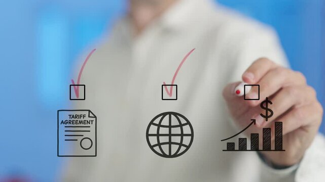 Business concept showing the correlation between a tariff agreement, globalization and profit growth, depicted by a businessman ticking checkboxes on a transparent board