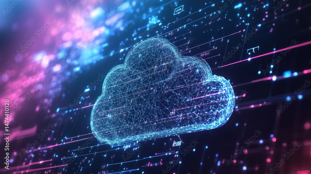 Poster ai-driven cloud computing concept, with intelligent data transfers occurring between interconnected 