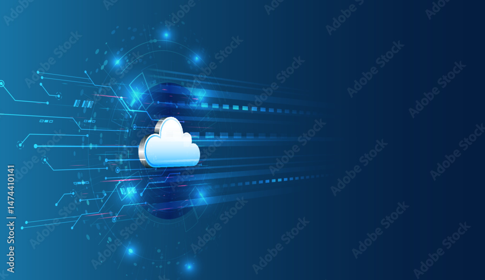 Poster Abstract futuristic design representing cloud storage, data exchange, and network systems. Cloud computing technology background with digital elements.