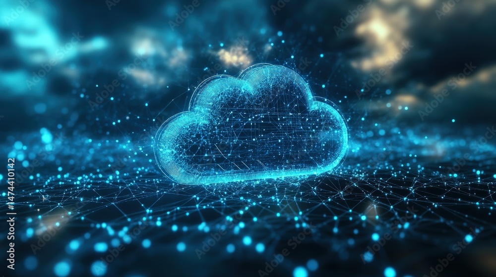 Poster ai-driven cloud computing concept, with intelligent data transfers occurring between interconnected 