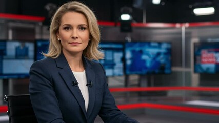 Professional female news anchor sitting at a desk in a modern television studio with screens in the background, representing broadcasting, journalism and media information delivery