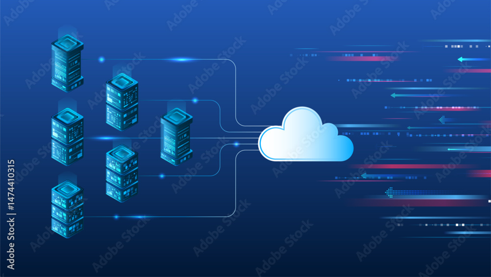 Poster Isometric cloud computing concept with server data centers connected to a cloud. Digital data transfer and storage technology illustration in a futuristic style.