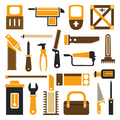 Graphic assortment of hand tools in brown and orange tones